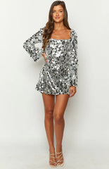 Marienne Silver Large Sequin Long Sleeve Mini Dress