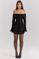 black floral lace off shoulder mini dress