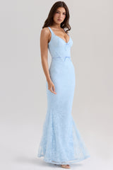 blue lace godet maxi dress