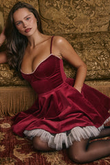 burgundy velvet tulle mini dress