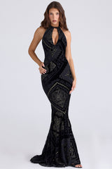 black & gold devore velvet maxi gown