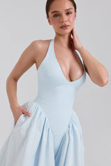 soft blue cotton twill halter midi sundress