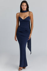 navy satin gathered maxi dress + scarf