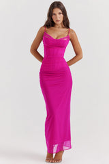 fuchsia stretch mesh maxi dress