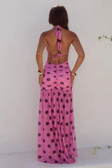 ADRIANNA PLUNGE RUCHED MAXI DRESS - MUSK/CHOC POLKA