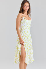lemon floral print georgette midi dress