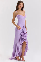 orchid mesh ruffled front gown
