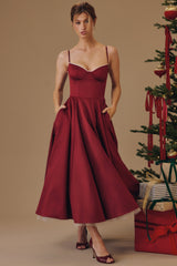 wine satin tulle midi dress