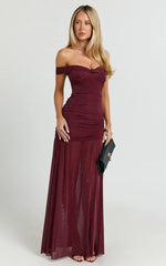 Lilliana Maxi Dress - Glitter Tulle Off Shoulder Tie Front Ruched High Split Dress in Wine