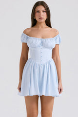 soft blue cotton gathered mini dress