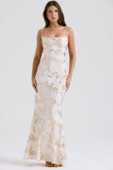 white & gold jacquard satin gown