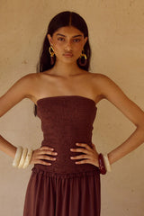 FLEUR SHIRRED STRAPLESSS MAXI DRESS - CHOCOLATE