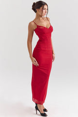 holly red stretch mesh corset maxi dress