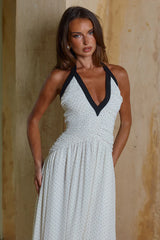 CAROLINA HALTER RUCHED MAXI DRESS - IVORY/BLACK POLKA