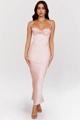 blush pink corset maxi dress