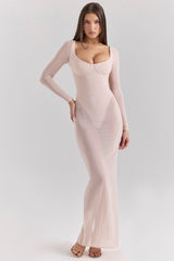 blush mesh maxi dress with bodysuit