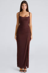 burgundy stretch mesh maxi dress