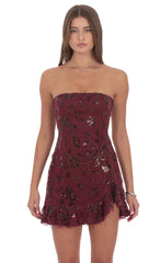 Strapless Sequin Floral Ruffle Dress in Burgundy
