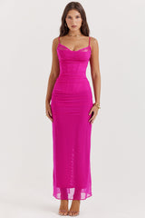 fuchsia stretch mesh maxi dress
