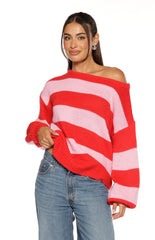 Finley Red and Pink Stripe Off Shoulder Knit Sweater