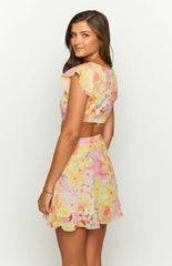 Motif Yellow Floral Print Mini Dress