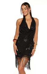 Rhani Black Sequin Tassel Cowl Mini Dress